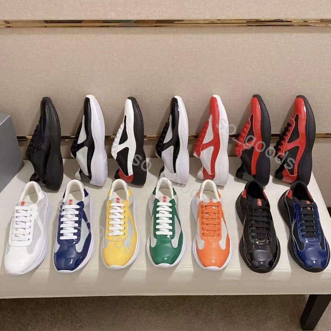 Designer en cuir verni Americas S Cup Femmes Hommes Low-Tops : Chaussures légères unisexes pour un style de vie actif - Les couleurs incluent des