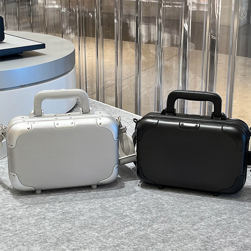 Designer Luggage Classic Mini Aluminium Crossbody Luggage Silver and Black Travel Small Suitcase-image-1079776531