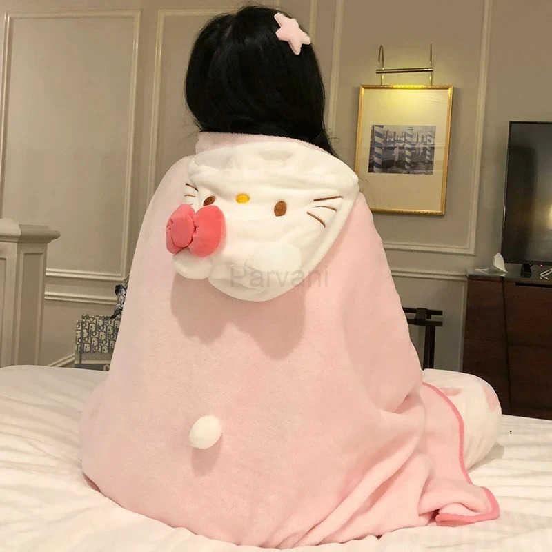Sanrio Hellokitty Air Conditioning Blanket Hooded Cute Cloak Student Dormitories Office Blanket Shawl Home Furnishings For Homemakers L2510151-image-1080071407