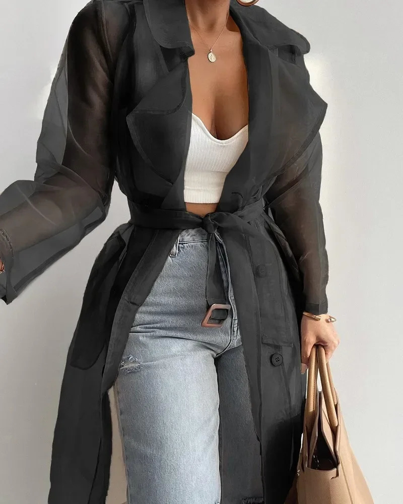 Solid Organza See Through Lapel Full Sleeve Trench Summer Women Fashion Buttoned Coat with Belt Elegant Shirts