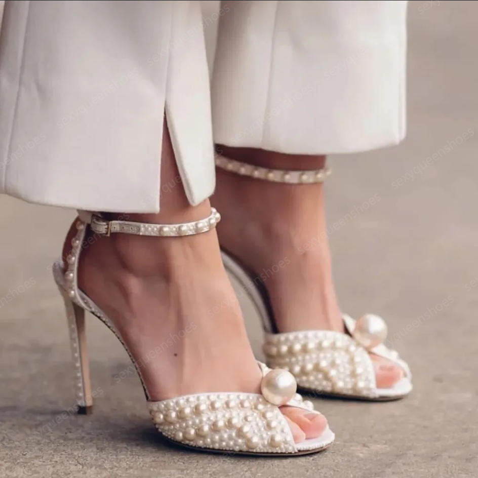 Sandales de perles blanches de qualité supérieure élégantes talons aiguilles dame 105mm 85mm 65mm bride à la cheville chaussures de robe de marié