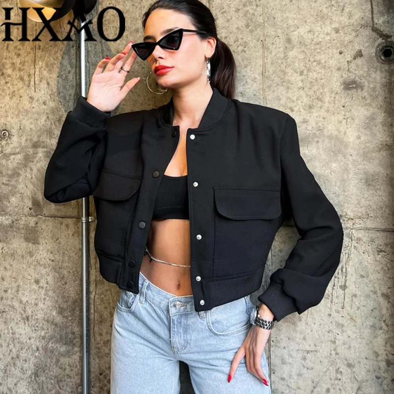 HXAO Womens Jackets Coat DemiSeason In Bomber Jackets Long Sleeve Cropped Black Jacket Button Casual Jacket Woman 251015