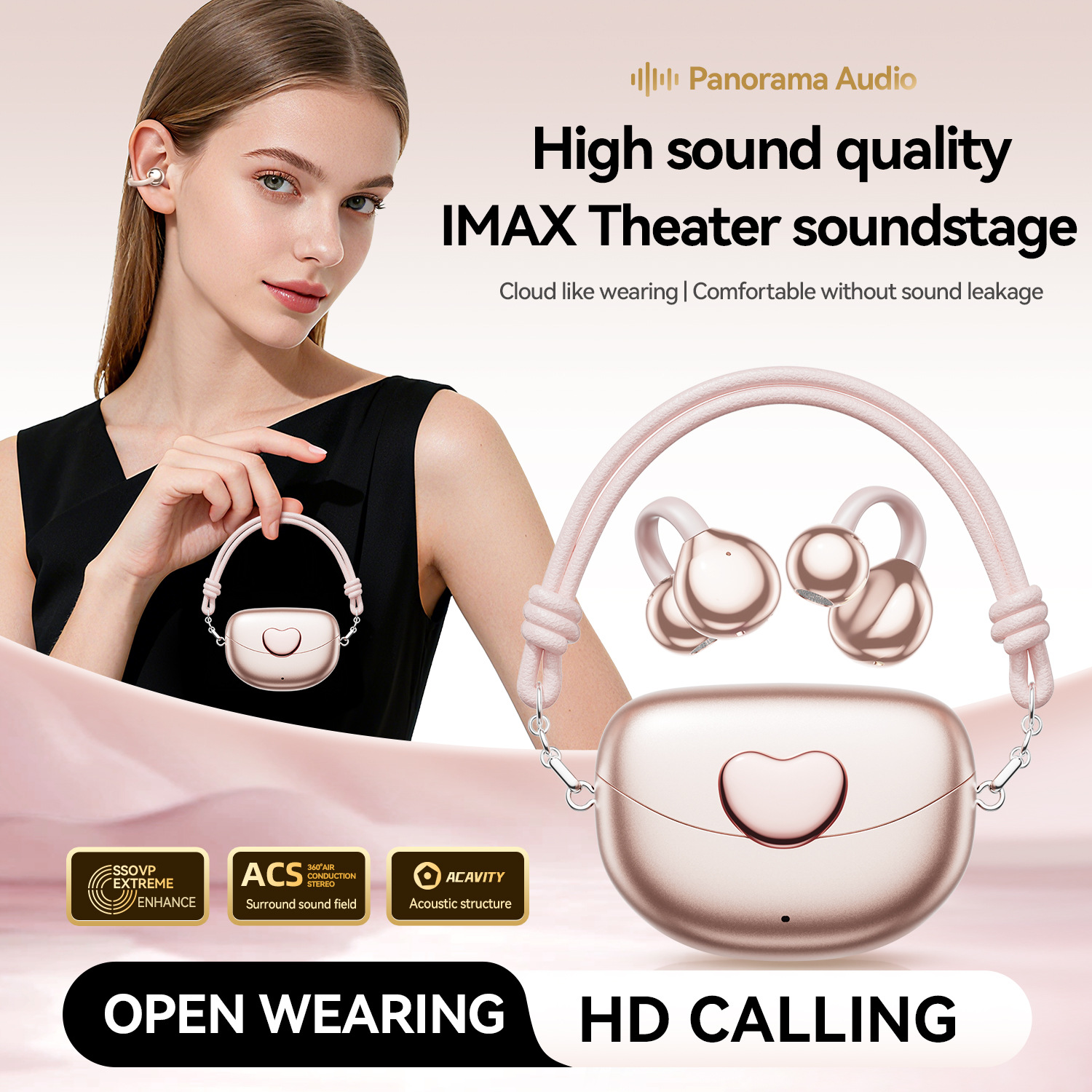 M106 Love Heart Wireless Bluetooth Headphones, Clip-On Style, Mini Bag-Friendly, Open-Ear Non-In-Ear Design, for Daily Use/Gym/Commute, Earbuds w-image-1079938079