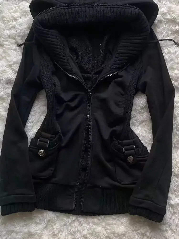 Casual Pure Cotton Retro Womens Black Zipper Hoodie 90s Gothic Lapel Long Sleeve Pleated Hoodie Hip Hop Winter Sports Jacket 251014