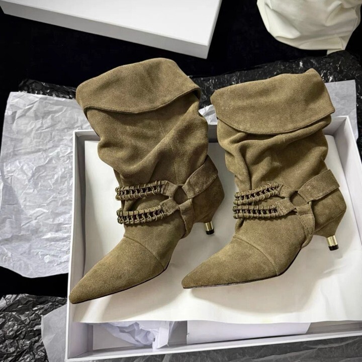 Autumn and winter new retro chain buckle pointed pleated short boots French sexy luxury kitten and western denim women's boots designer boots