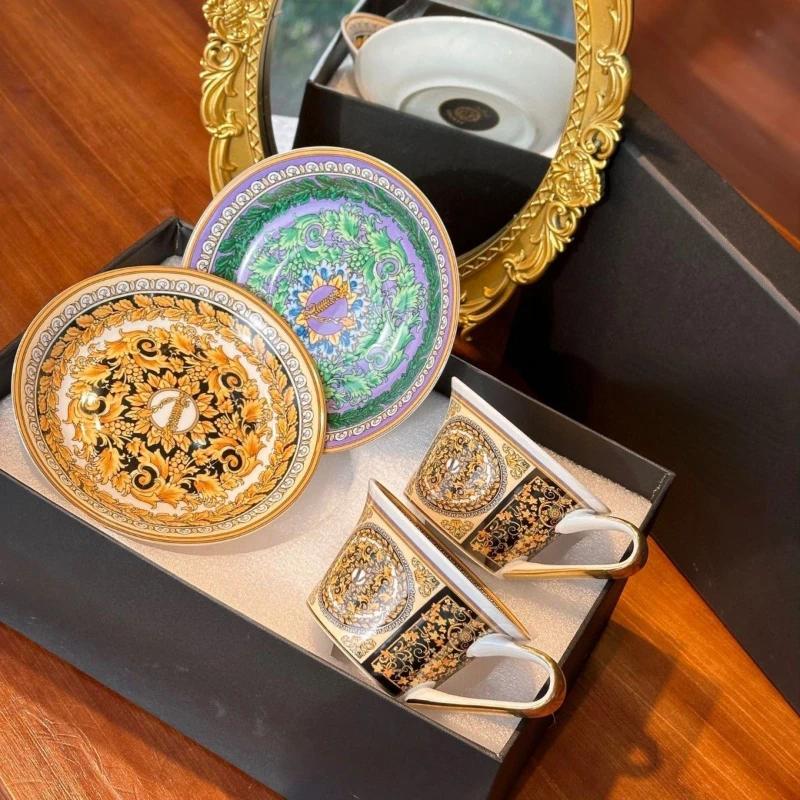 European High-end Ceramic Coffee Cups and Plates Exquisite Royal Gold Edged Mugs Household Breakfast Coffee Set Kitchen Utensils-image-1079977153