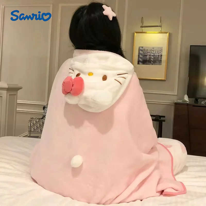 Sanrio Hellokitty Air Conditioning Blanket Hooded Cute Cloak Student Dormitories Office Blanket Shawl Home Furnishings For Homemakers L251015-image-1080044321