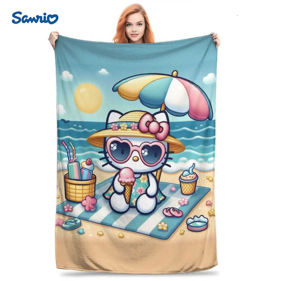 Sanrio Hello Kitty Beach Vacation Blankets Soft Warm Funny Plush Throw Blanket For Children Outdoor Flannel Bedspread Bed Cover L251015-image-1080044394