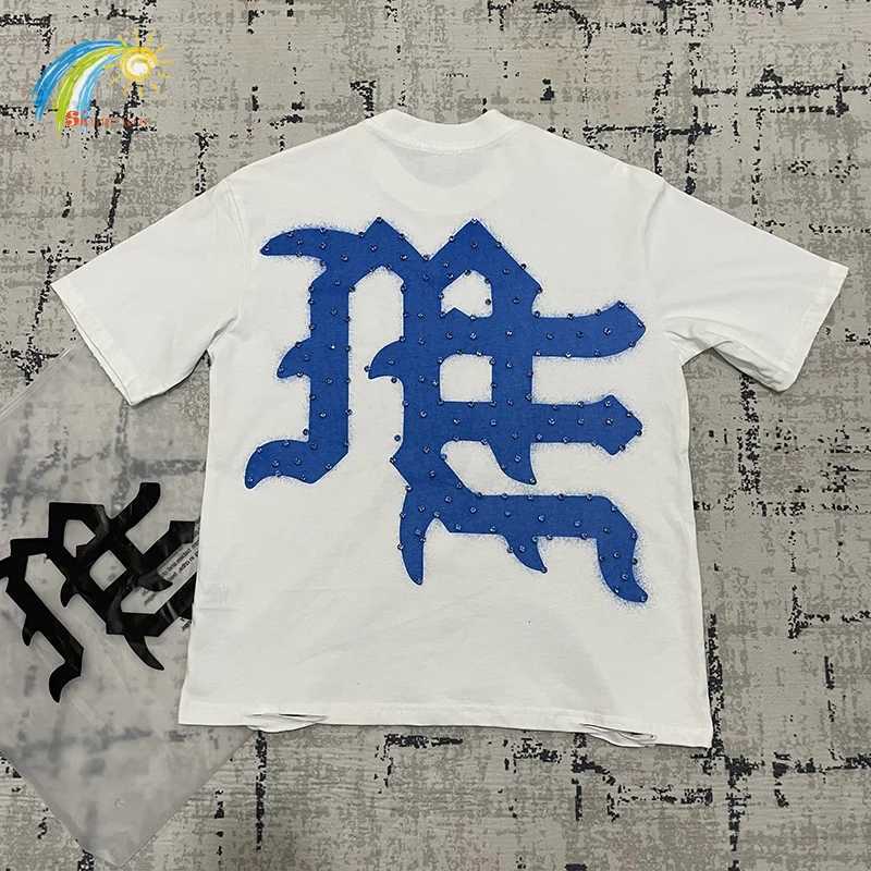 Summer Loose White Damaged Hole T Men Women Blue Letters Print Flash Diamond MIXED EMOTION TShirt Cotton Top With Tag T251016