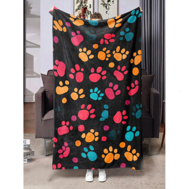 Cute puppy paw print blanket suitable for sofa blanket, ultra-soft and warm flannel blanket, lightweight.-image-1067865194