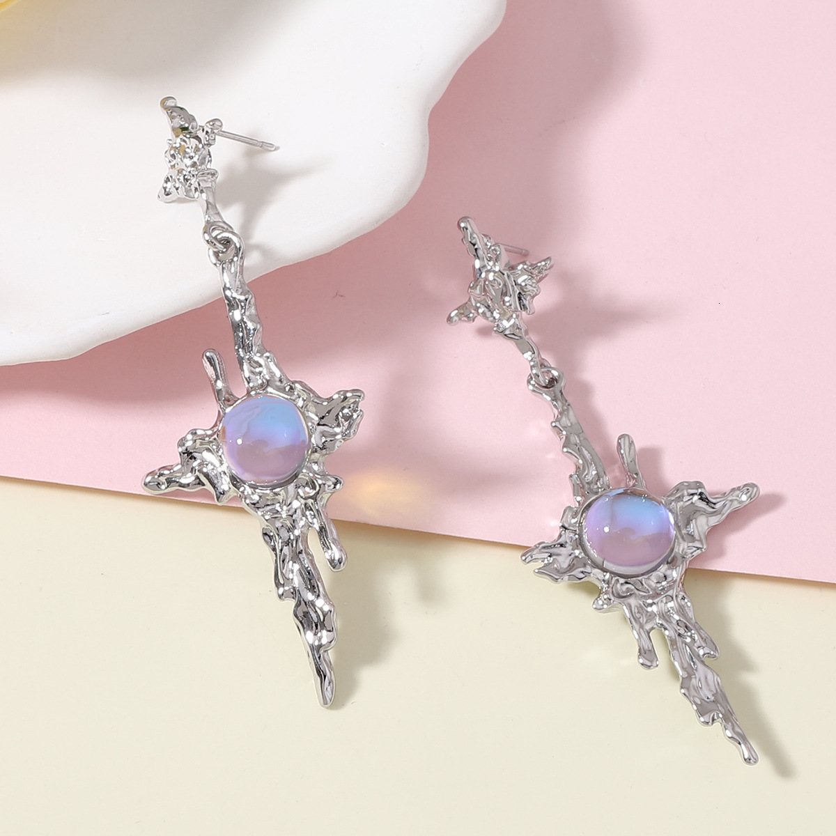 Design earrings Irregular Liquid Wrinkle Cross Four-Pointed Star Moonstone Tassel Earrings luxury earrings free shipping