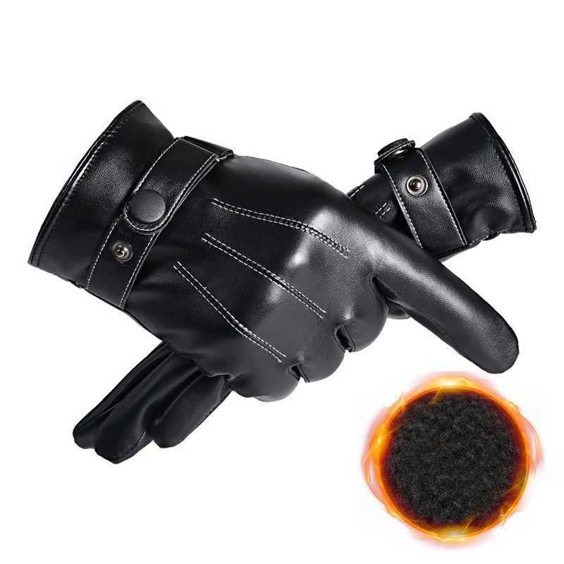 Men Winter PU Leather Black Gloves Button Warm Mittens Outdoor Sports Driving Skiing Mens Windproof Gloves Winter Supplies J251016-image-1080223954