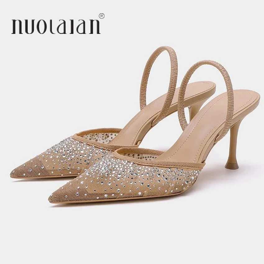 New Summer Womens Sandals Rhinestone Bright Mesh High Heels Footwear Elegant Slingback Pointed Slip on Party Lady Pumps Shoes Z251015