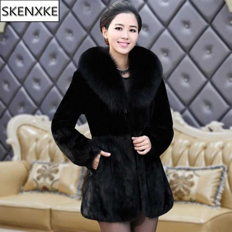 Hot sale women winter long style 100 real rabbit fur coat with fox fur collar Warm thick rabbit fur jacket Female real fur coat H260910