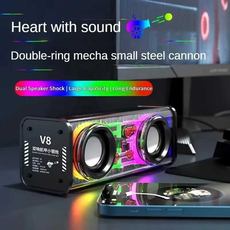 V8 Mecha Speakers bluetooth 50 Wireless Double Bass Diaphragm Subwoofer Music TWS RGB Light Mini Party Loudspeaker J251116-image-1080145716