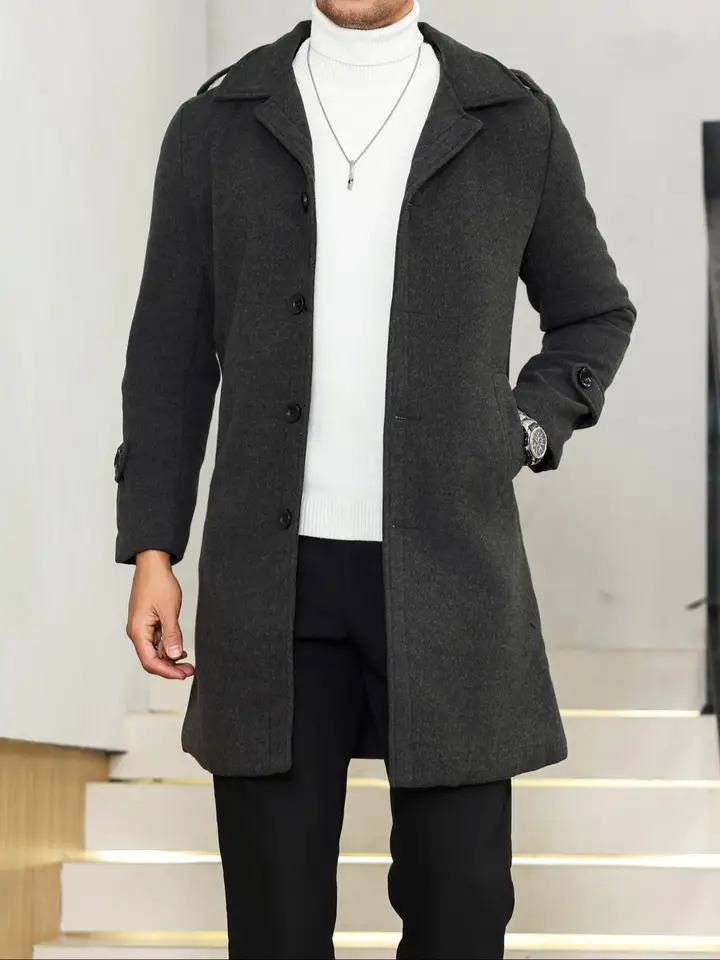 1PCS Mens Woolen Overcoat Jacket Autumn Winter Casual Long Sleeve Outerwear Lapel Pocket n Comfortable Daily Wear 251011