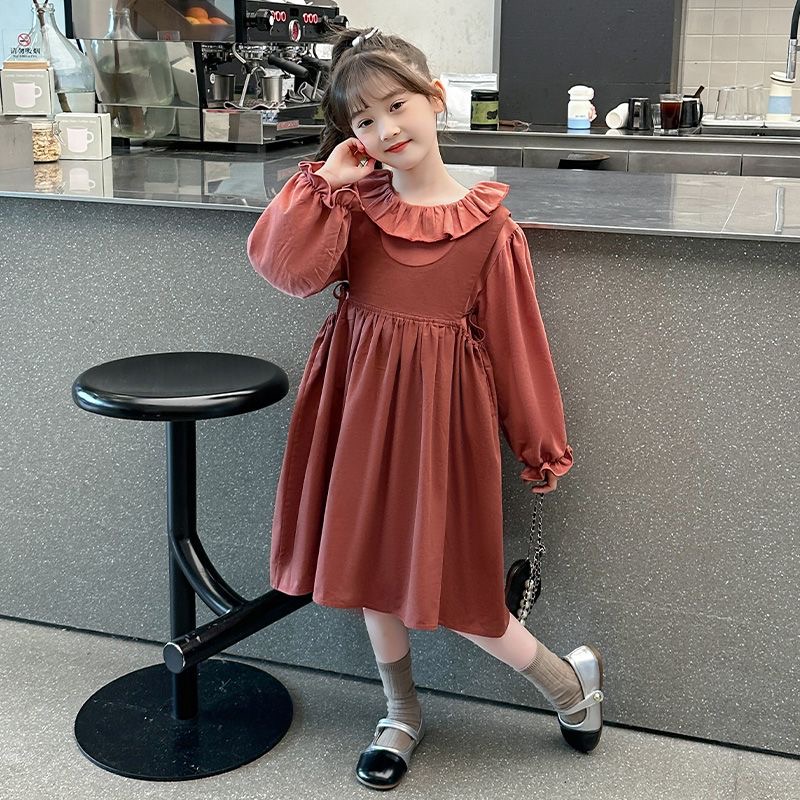 D573 Girls&#039; Spring and Autumn Overalls Set 2025 Spring Children&#039;s Korean Style Lace Collar Sweatshirt Sweet Dress Two-Piece Set-image-1082610179