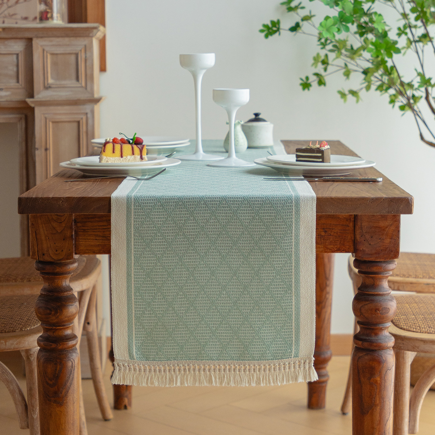 Cotton and linen diamond checkered table runner simple light luxury table cloth long decorative cloth cover DSQG01