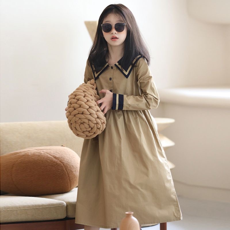 D448 Girls&#039; autumn dress, preppy style, medium to large children&#039;s fashionable pure cotton loose long-sleeved lapel mid-length A-line s-image-1080052912