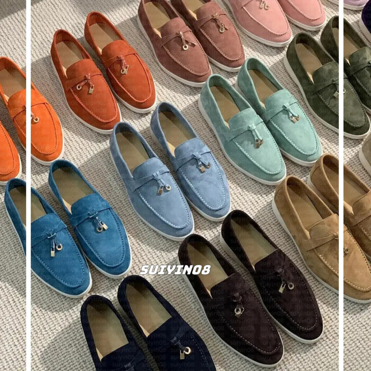 Brand Loafers Summer Charms Walk Suede Tassel Flat Shoes Comfort Shoes Slip on Women Gold or Silver Metal Lock Genuine Leather Decorate Flat Mules C