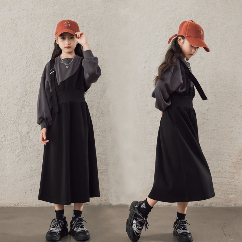 D451 Girls dress autumn and winter new large children&#039;s parent-child wear fashionable contrast color splicing medium-length casual sweater s-image-1080052629