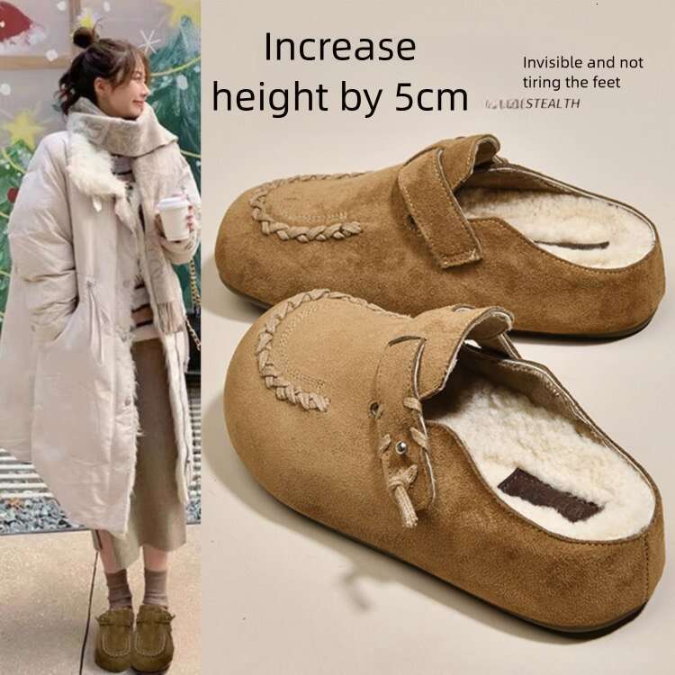 European Style Suede Closed-Toe Slip-On Women 2025 Autumn Winter New Fashion Versatile Lamb Wool Mules Cotton Shoes