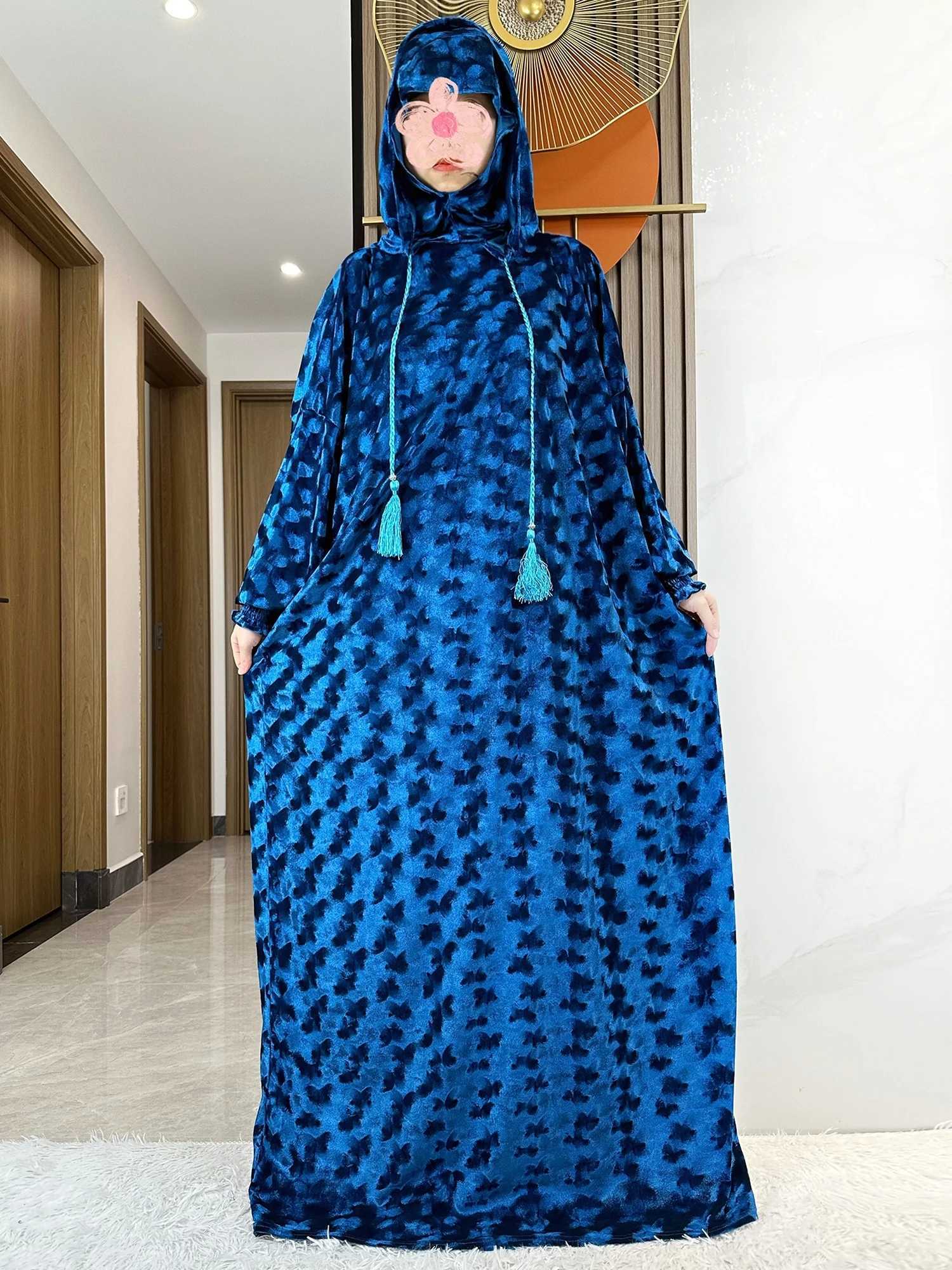 Velvet Fabric 2025 Ramadan Muslim Ladys Abaya TwoHats Dubai Turkey Style Islamic Prayer Clothing Kaftan Dress W251016-image-1080239449