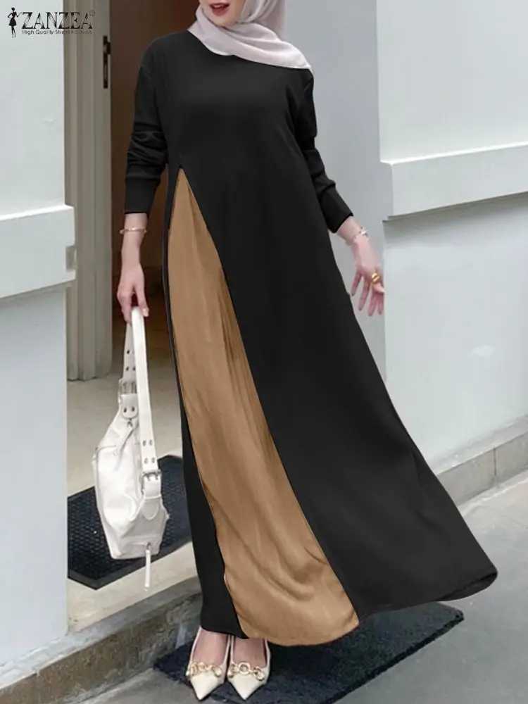 Women Autumn Patchwork Dresses ZANZEA Muslim Abaya Robe Femme Elegant Long Sleeve Maxi Robe Pleated Sundress Knitted Dress 2025 W251016-image-1080241390