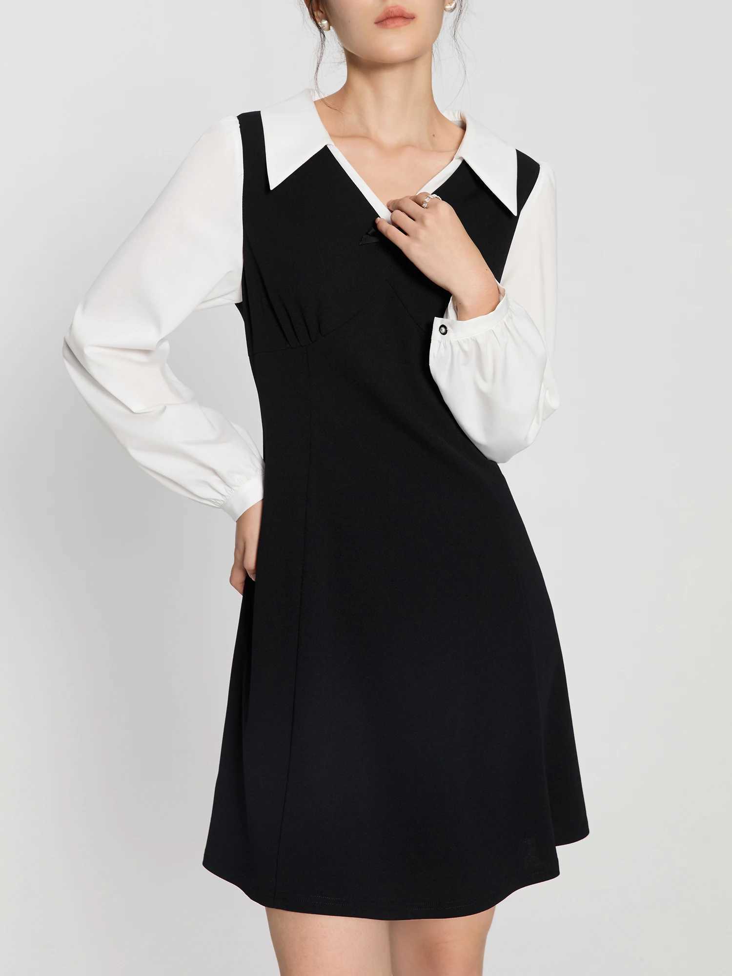 DUSHU Women Short Dress Fake Two Piece Female 2024 Autumn Long Sleeve Knee Length Black Commuter Patchwork Dresses 24DS83349 W251016-image-1080241225