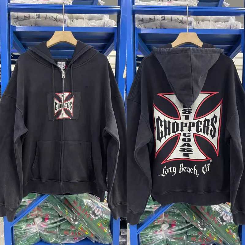 Strtwear West Coast Chopper Hoodie Heavy Fabric American Cross Print Zipper Coat Retro Old Ripped Sweatshirt Men Women T251016