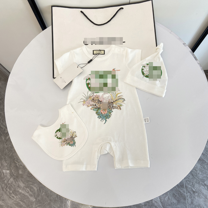 2025 Summer New Baby Auspicious Bodysuit + Hat + Bib 3-piece Set Cute Short-sleeve Outfit Trendy