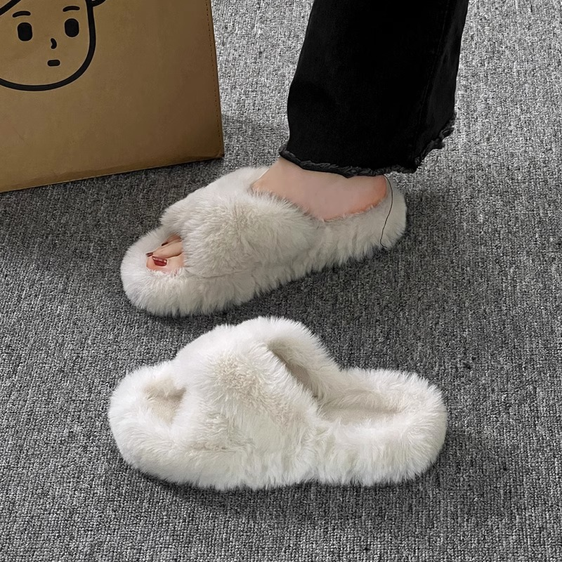 Cross Celebrity Band Fur winter Slippers Quality Women New Winter Shoes Warm Plush Pantuflas Thicken Soled Mixed Colors Fleeces Slides Mujer
