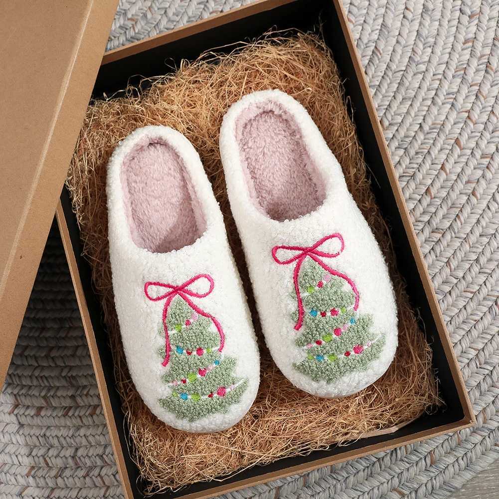 Comfortable Furry ThickSoled Fluffy Home Slippers Bow Xmas Tree Pattern Christmas Plus for Winter Autumn T251016