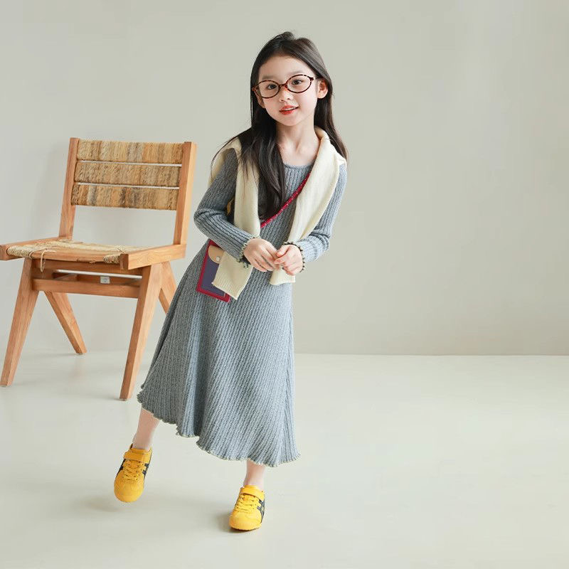 D462 Girls long-sleeved spiral flower wool dress 2025 spring new children&#039;s baby girl fashionable and stylish dress-image-1080394639