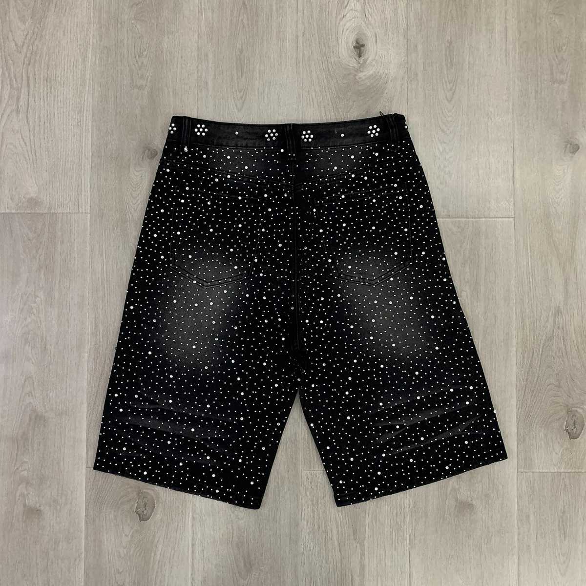 Rhinestone Shinning Full Black Baggy Jeans Shorts for Men Letter Embroidery Brilliant Diamond Loose Denim Kn Length Pants T251016 L260612