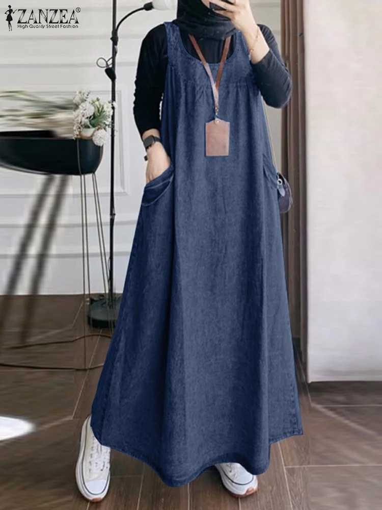 Summer Autumn Overalls Dress ZANZEA Muslim Maxi Sundress Robe Femme Vintage Straps Solid Aline Denim Blue Vestidos Kaftan 2025 W251016-image-1080241387