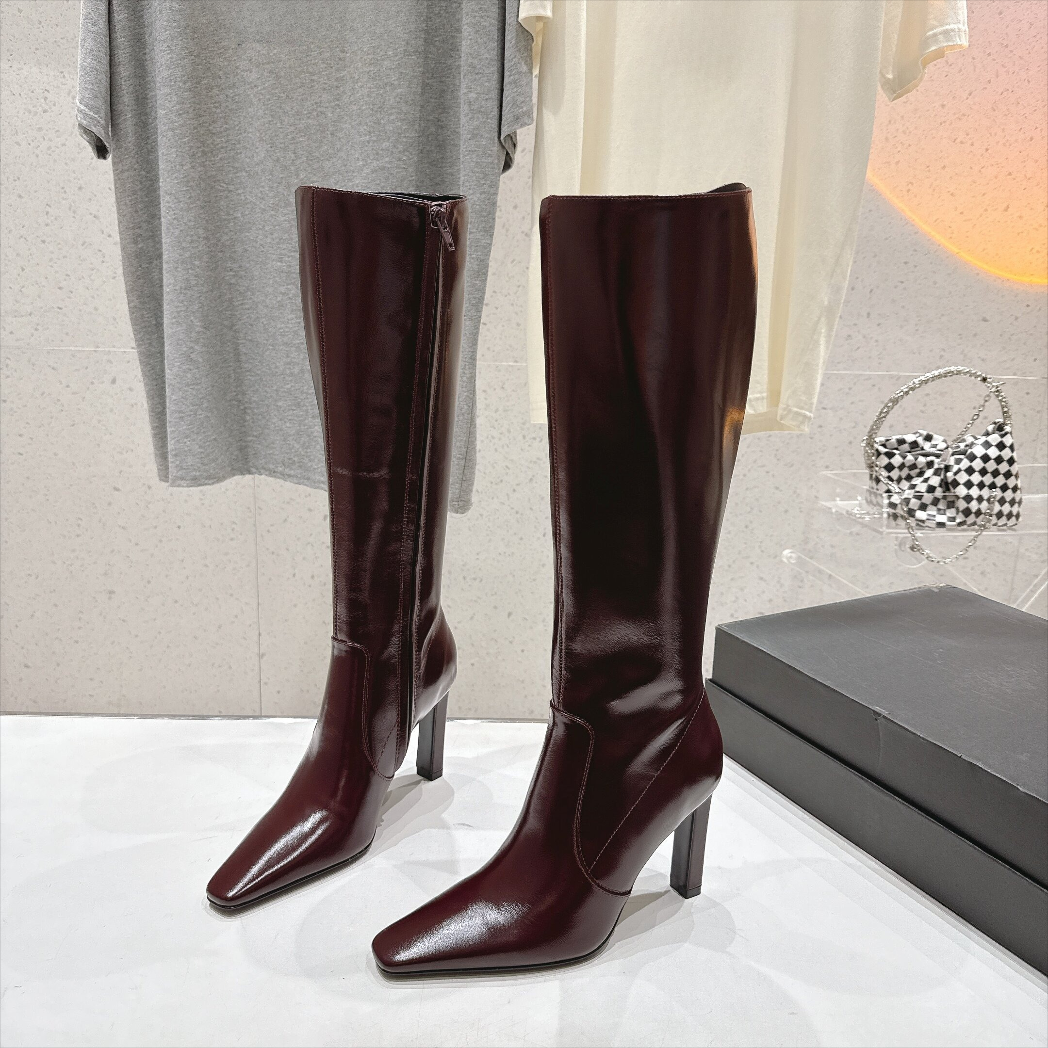 Francoise genuine leather knee boot Luxury designer women zip chunky heel knee high boot Square toe high heel boot Versatile simple fall winter b