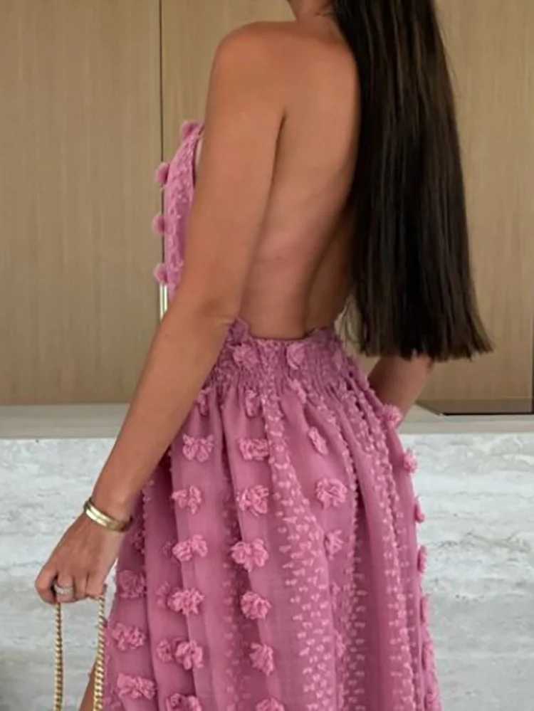 Summer Women Sexy Split Backless Long Dress New Fashion Jacquard Waist Holiday Dress Elegant Halter Sleeveless Solid Party Dress W251016-image-1080240950