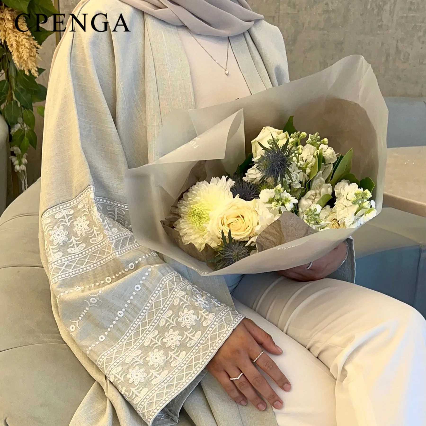 Ramadan Cotton Linen Muslim Modest Dress for Women Eid Embroidery Open Abaya Dubai Islam Turkey Dresses Loose Long Sleeve Kaftan W251016-image-1080241104