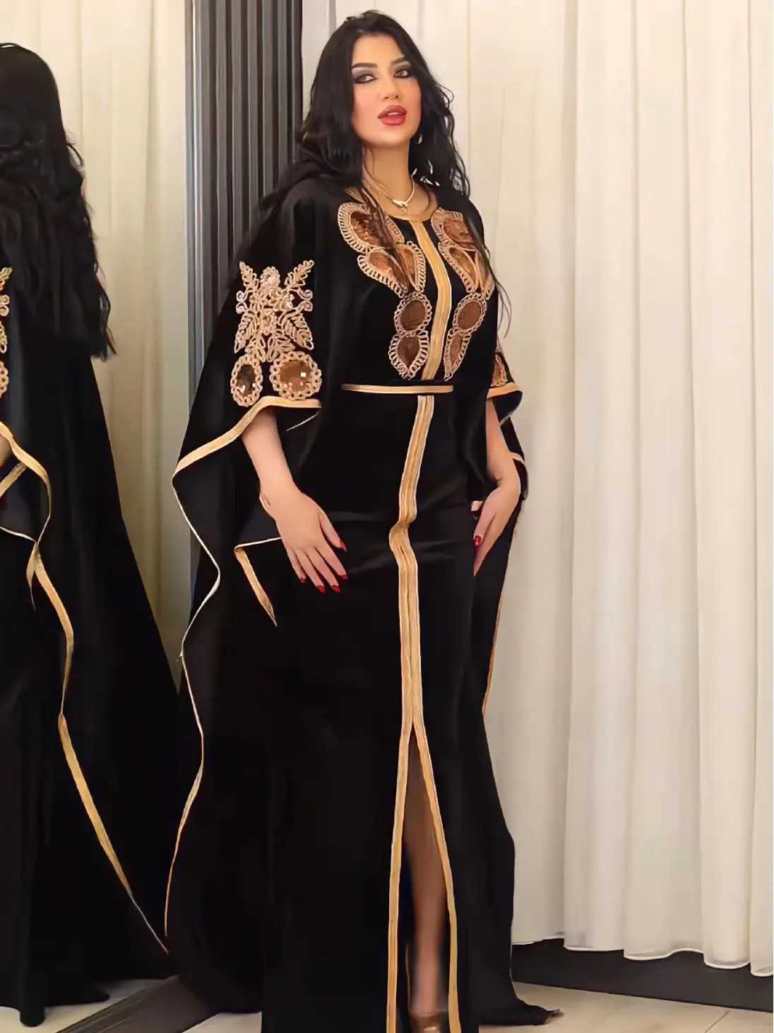 Ramadan Muslim Fashion Bat Sleeve Moroccan Turkiye Dubai Dress Middle East Arab Dress Sequins Golden Velvet Long Dress W251016-image-1080240996
