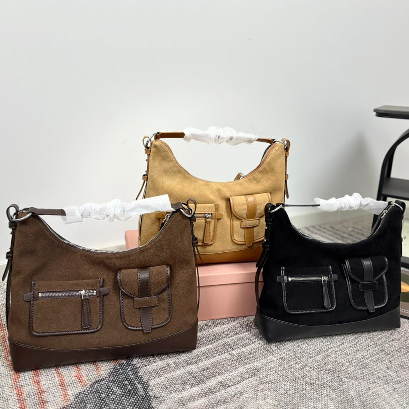Women Trendy Vintage Suede Hobo Underarm bags Chocolate brown Deaigner bag Hobo tote bag Multi Pocket Retro Bag Luxurys handbags Traveling shoulder