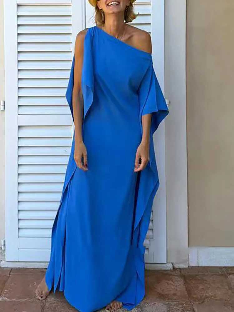 2025 New Fashion Off Shoulder Hollow Robe Dress Summer Vacation Solid Women Long Dress Elegant Sleeveless Loose Beach Sun Dress W251016-image-1080240985