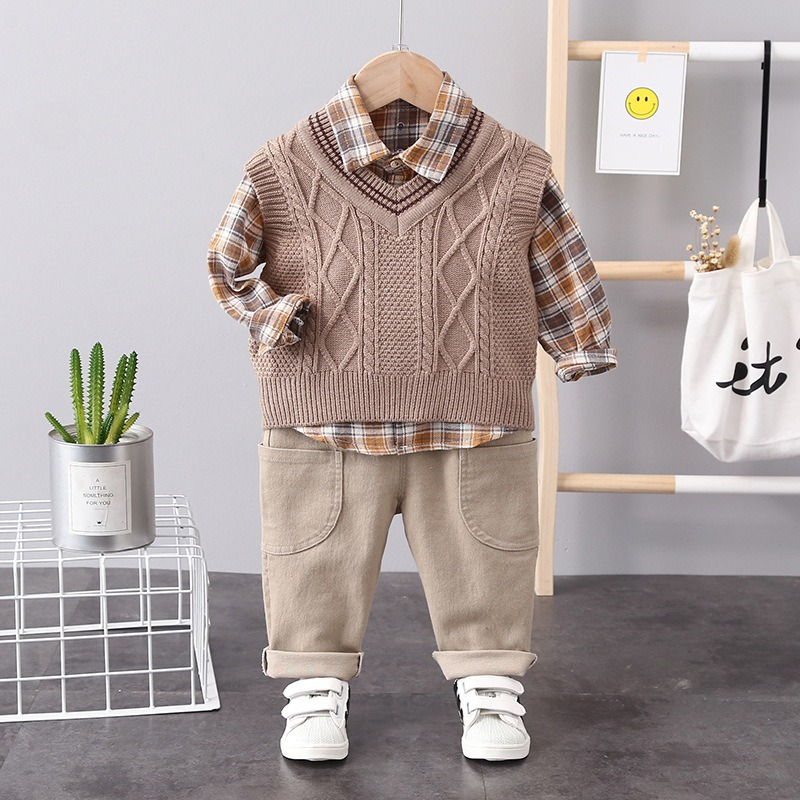 s New Autumn Solid V-neck Knit Vest Lapel Shirt with Casual Pants Baby Boys Fashion Three-piece Clothing Sets L26814