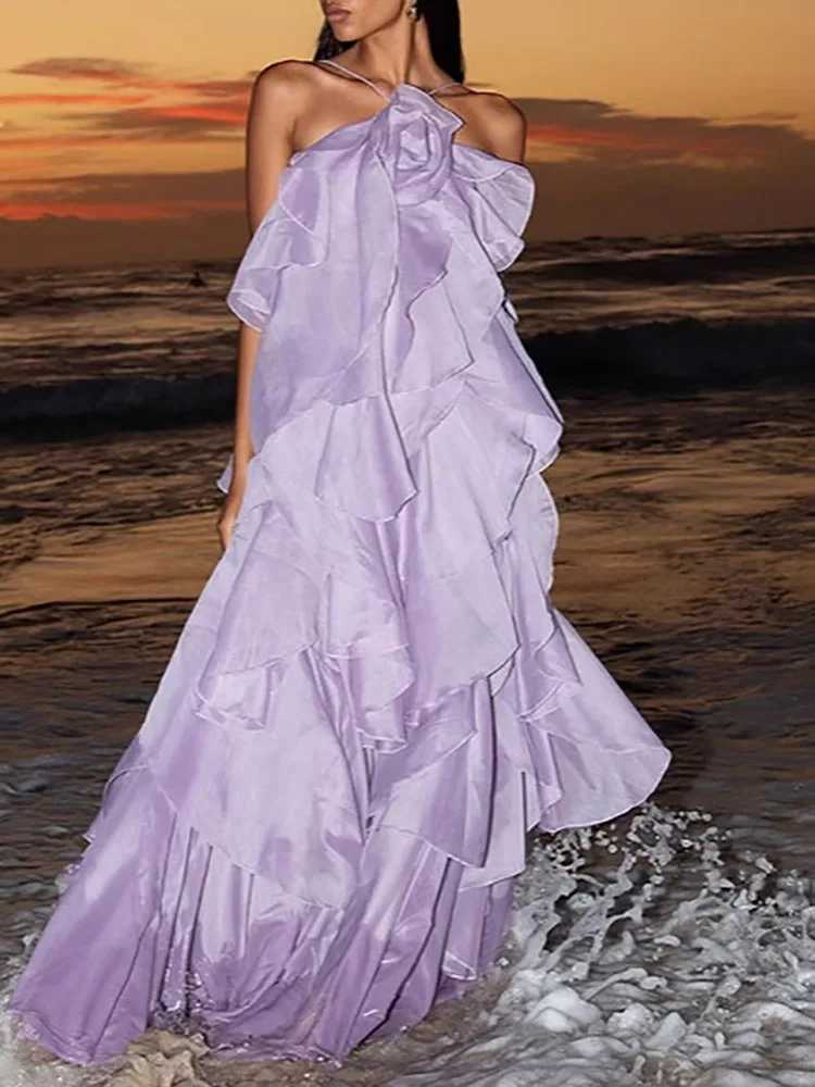 Fashion Hollow Out Backless Women Long Dress Summer Sleeveless Suspender Ruffle Edge Dress Flower Patchwork Chiffon Beach Dress W251016-image-1080241042