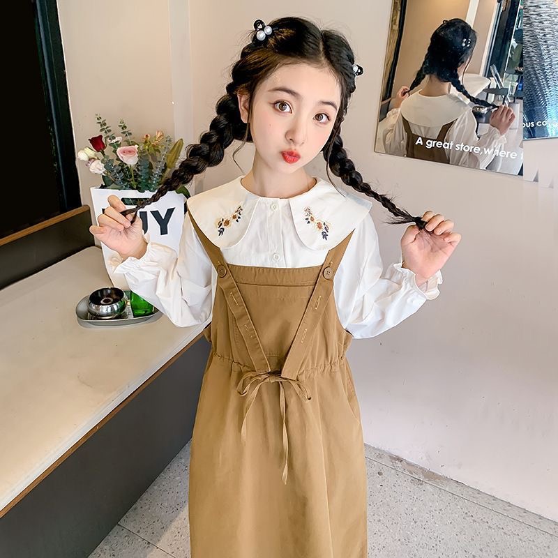 D457 Spring New Girls French Suspender Skirt Cotton Long Sleeve Two-piece Set Sweet Fashion Spring and Autumn Style-image-1080253547