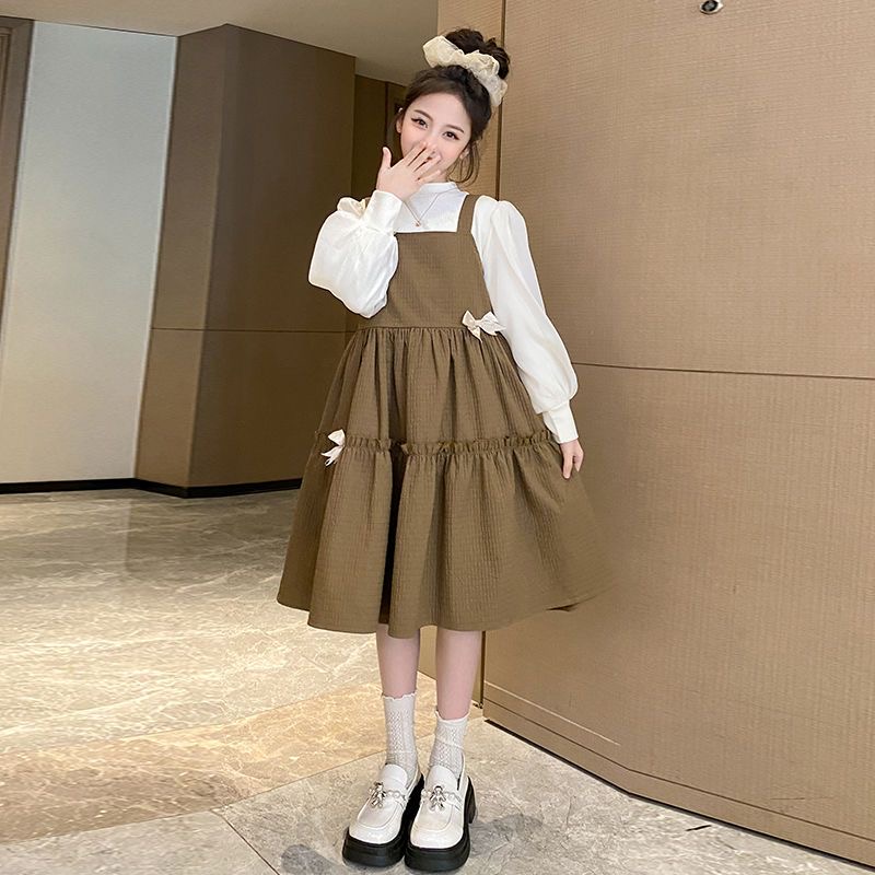 D463 Sweet bow suspender skirt two-piece suit for primary and secondary school students, girls&#039; spring and autumn new fashionable princess s-image-1080394920