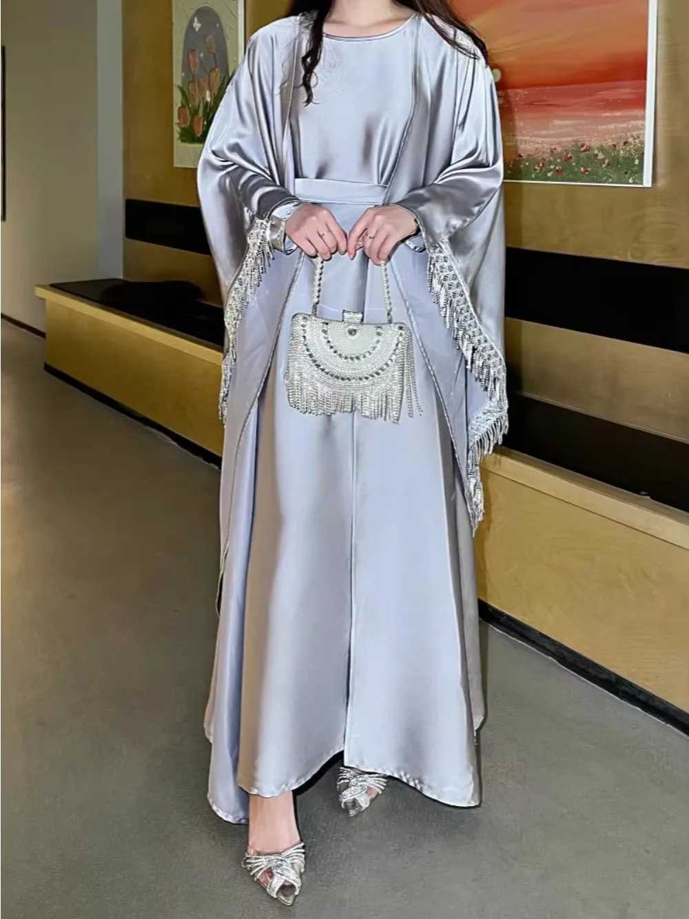 Women Abaya Party 2 Piece Set Dresses Eid Muslim Jalabiya Tassel Ramadan Morocco Dubai Open Kaftan Vestidos Arab Long Robe 2025 W251016-image-1080241129
