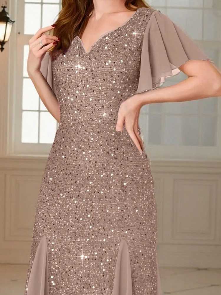 Sexy Vneck High Waist Spliced Long Dress 2025 Elegant Solid Color Banquet Dress Shiny Sequin Short Sleeved Womens Party Dress W251016-image-1080239357