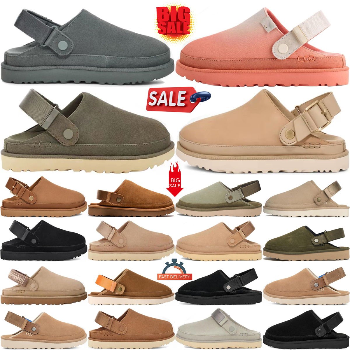 Goldenstar Clog Slides Femmes Pantoufles Designer Slide Rose Bleu Sable Châtaignier Tresse Moutarde Graines Hickory Balck Driftwood Rainstorm Smo