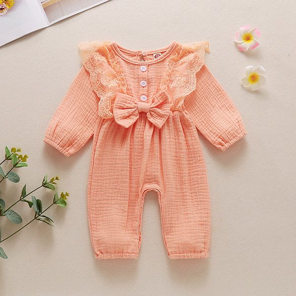 w542 Kids clothes girls boys lace sleeve Bow romper newborn infant Cotton linen Solid color Jumpsuits Spring Autumn baby Climbing clothes-image-1080531595